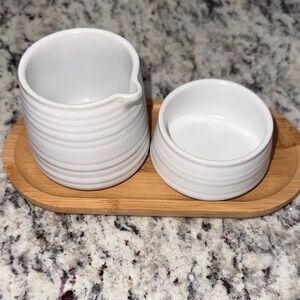 White Ceramic Creamer and Sugar Set with Wooden Tray